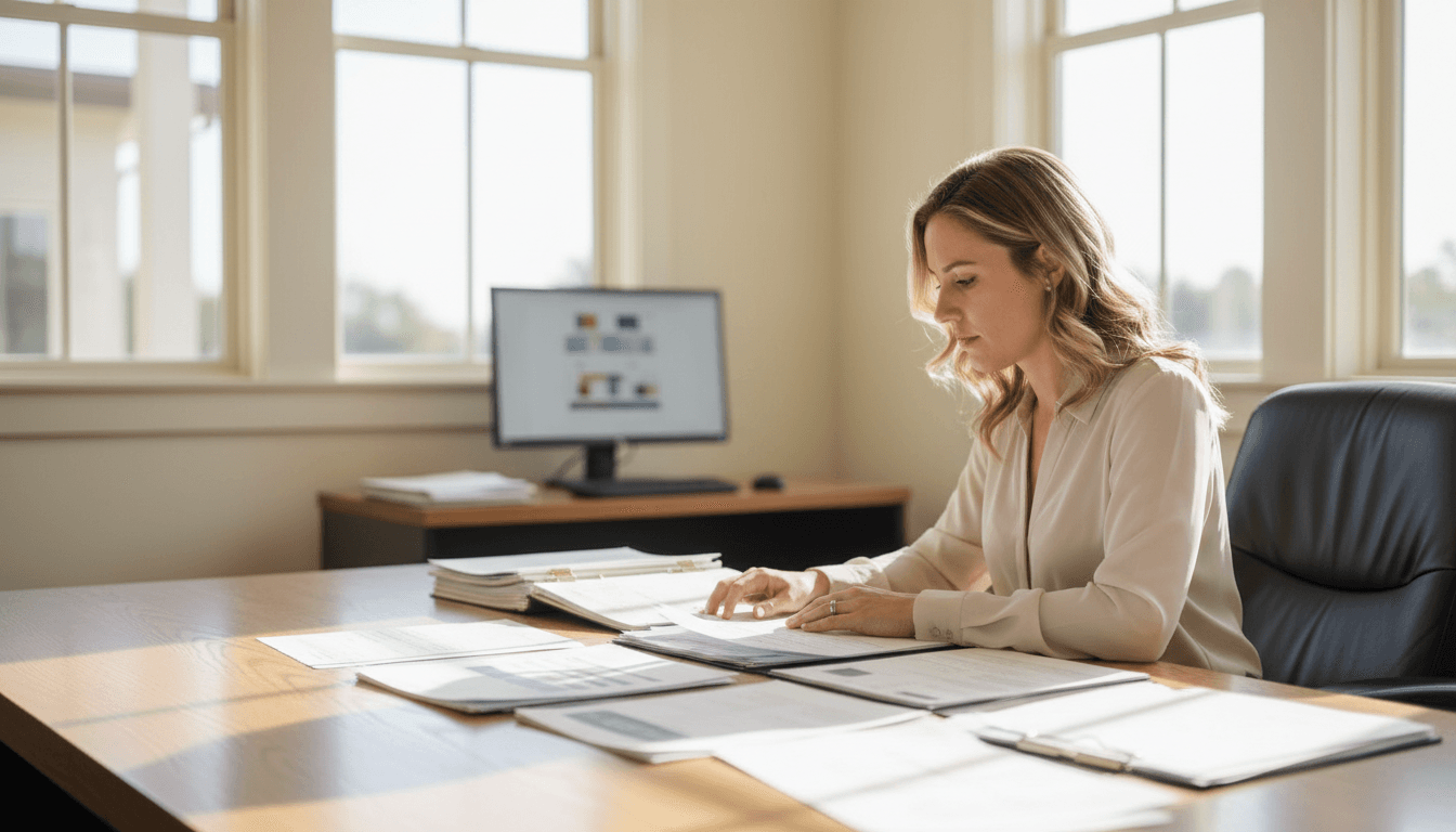 Professional property researcher reviewing documents at desk in Sacramento office