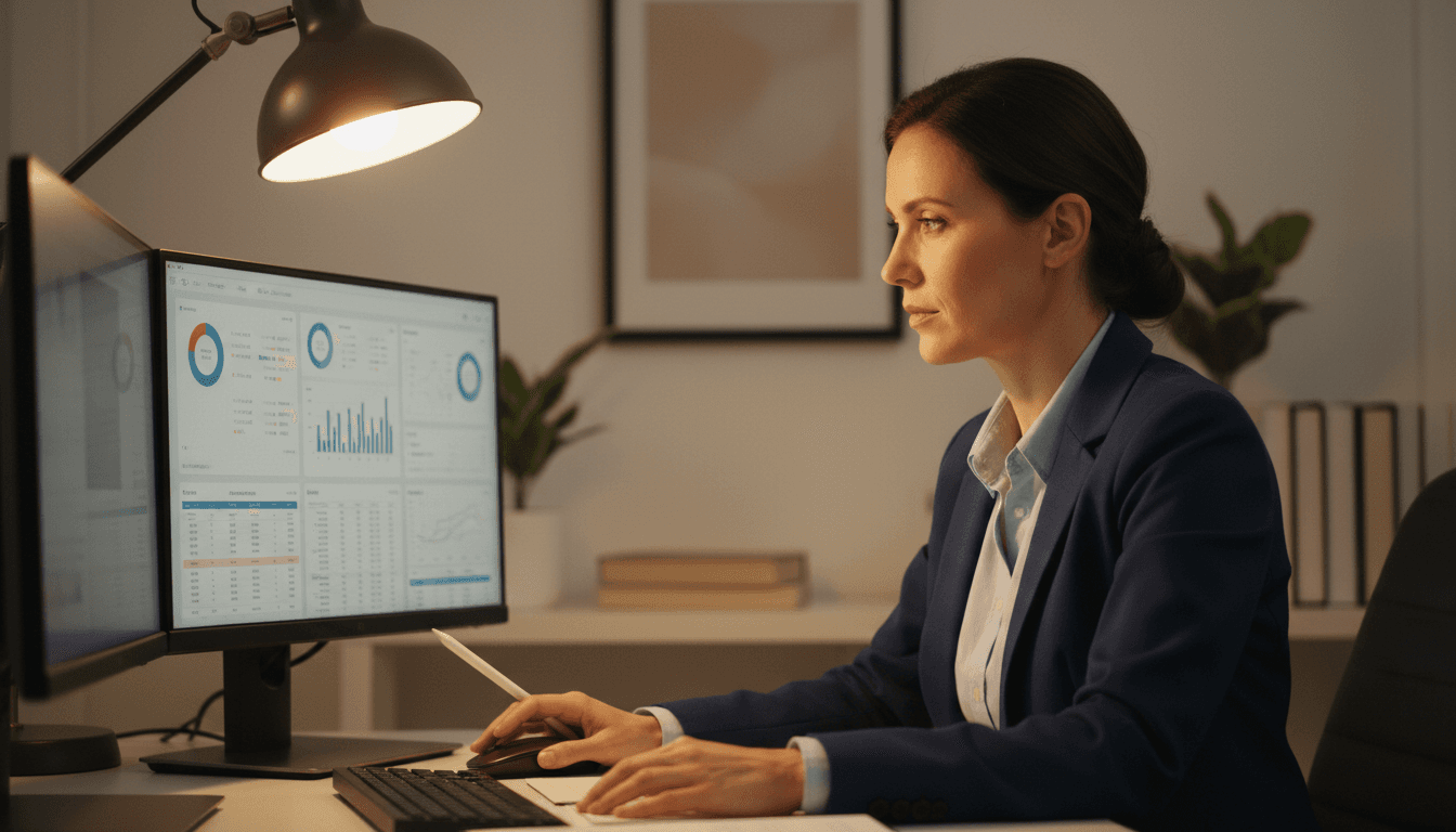 Professional analyzing excess proceeds data on computer