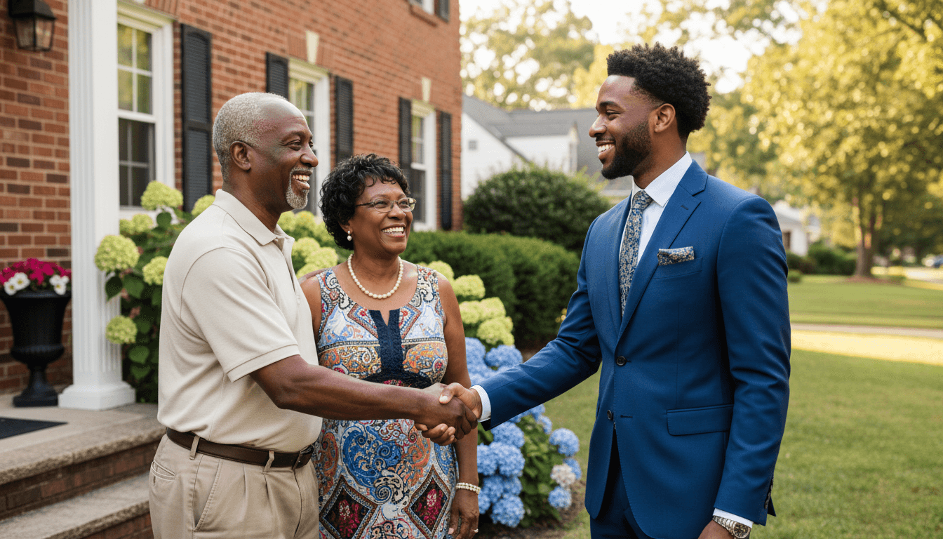 Young Black professional in blue suit shaking hands with joyful older Black couple at brick home doorstep.