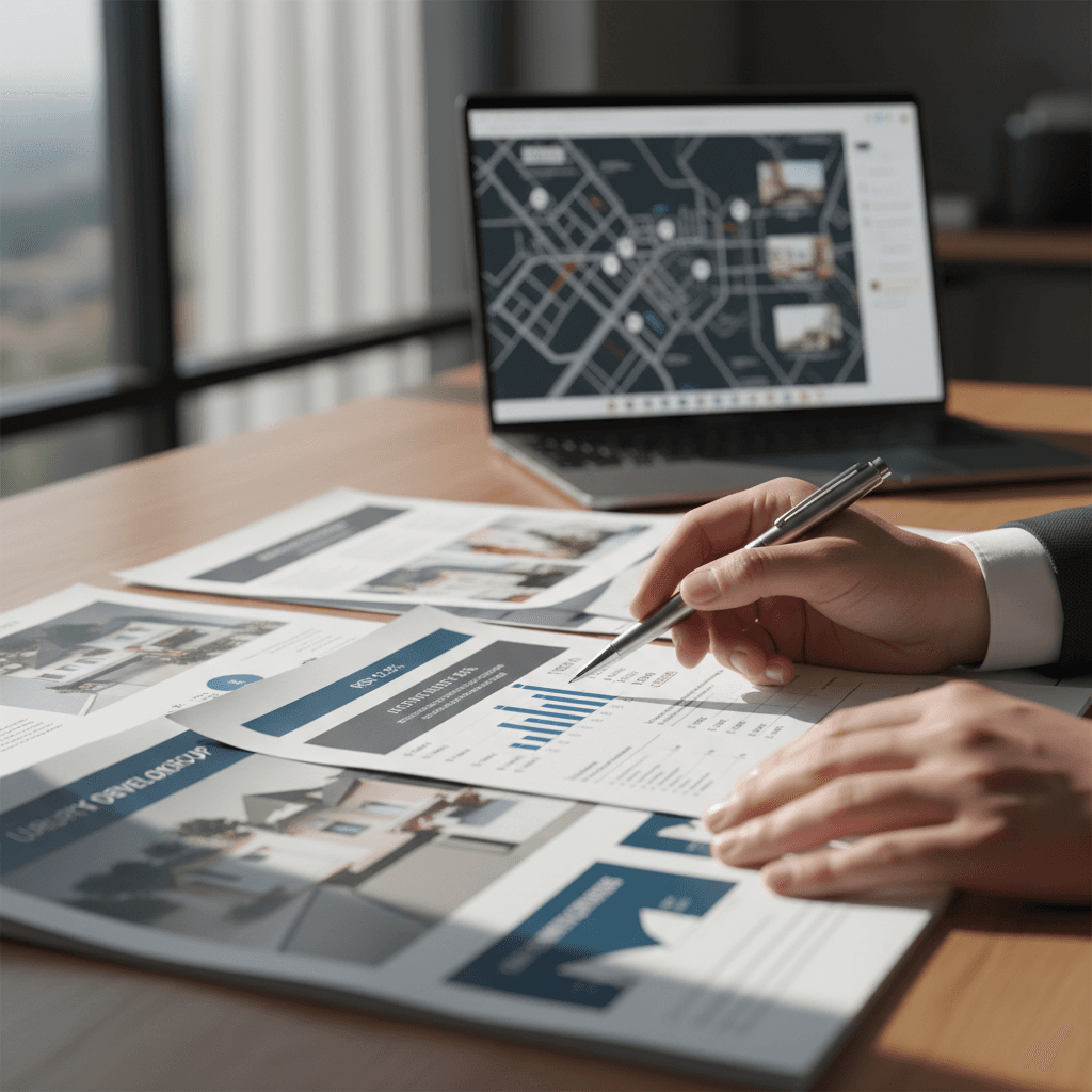 Investor's hands reviewing property documentation and floor plans at desk with laptop and market analysis materials