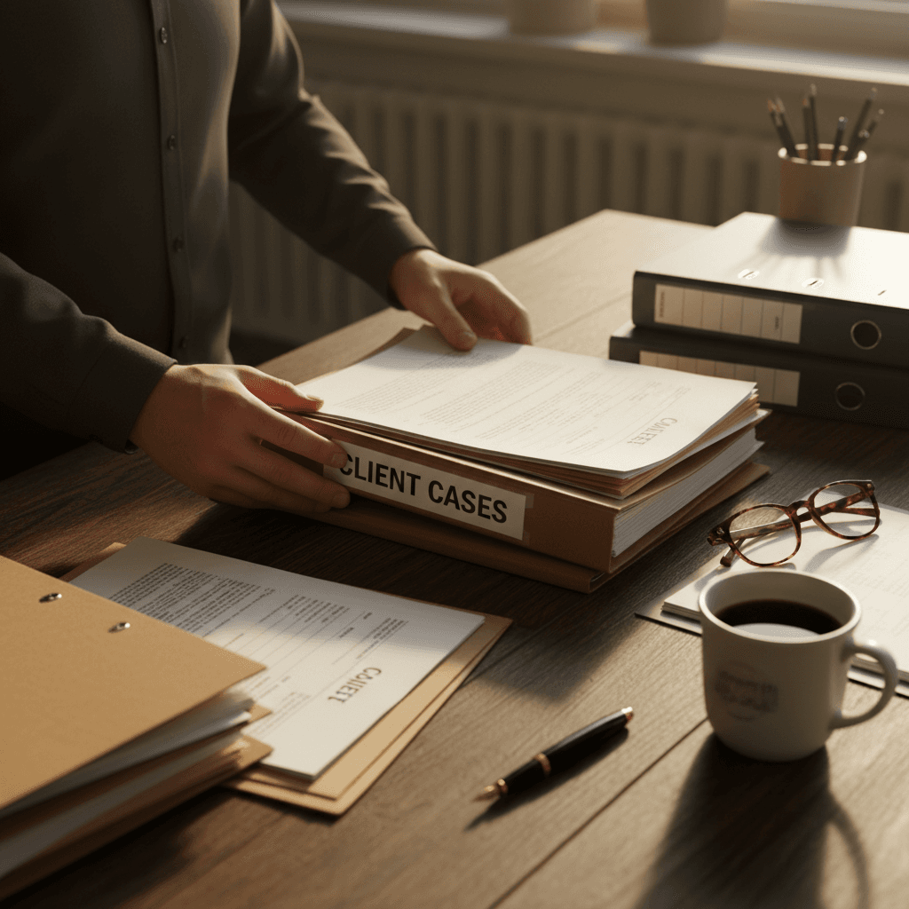 Professional property research specialist reviewing documents at desk